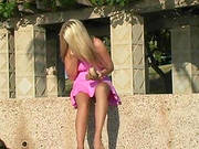 Naughty Blonde Pulls Her Dress Aside And Shows Her Tits And Pussy Outdoors