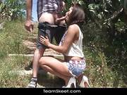 Girl In Jeans Shorts Gala Brown Goes On Knees To Suck Dick And Turns Around To Be Hardly Fucked
