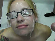 Dumpy Blond Hooker In Glasses Got Cum Shot On Her Face After Hard Gangbang Fuck