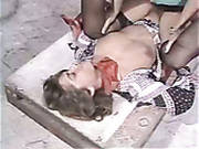 Flat Chested Retro Whore Gets Her Twat Rammed Hard Right On The Floor