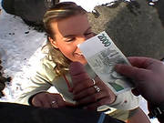 Tight Chick Takes Her Cash Then Fucks With Stranger In A Snowy Public Place