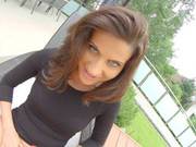 Blue- Eyed Brunette In Black Blouse Inserst A Glass Dildo In Her Ass While Kneeling On The Floor
