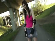 Roller Skate Amateur Girl Railed In A Bushy Public Place