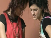Skinny Brunette Lesbos Harshly Screws Their Pussies With Huge Di
