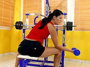 Hot Brunette With Natural Tits In The Gym Finger Fucking Her Pussy
