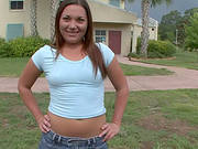 Brunette Chick Flashes Her Small Natural Tits In The Yard