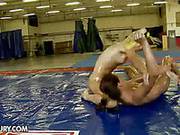 Two Skinny Chicks Named Sophie Lynx And Doris Ivy Compete In A Lesbian Wrestling Match.
