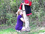 Wanton Light Haired Bitch Blows Big Penis Of Her Lover In The Woods