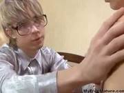 Beautiful Milf Is Making Love With A Nerdy Boy And Teaching Him How To Lick Pussy