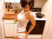 Sexy Brunette In Wet Tshirt And Undies Plays With Herself In Kitchen