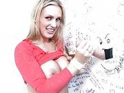 Bootylicious Blonde Pornstar In Red Lace Dress Gives Glory Hole Cannon Handjob