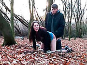 Lewd Brunette Girl Gives Deepthroat Blowjob In The Forest