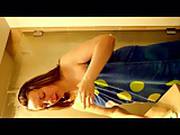 Shower Girl Red Shirt Nipple Pokie And Blue Polka Dot Towel