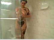 Cute Girl With Tatts Showering
