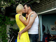 Engaging Blonde Cherry Kiss Deepthroats And Rides A Cock In The Yard