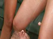 Busty Blonde And Brunette Give Golden Shower To Their Lover
