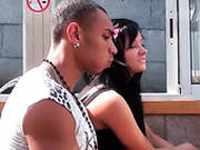 Bitchy Raven Haired Teen Bim Sucks Long Dick Of Her Latina Guy In Restroom