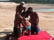Sexy Brunette Girl Is Fucked Hard In Gangbang On A Beach