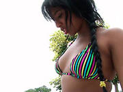 Dark Skinned Latina Teen In Bikini Takes Sunbath