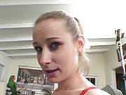 Bosomy Blond Coed In Red Bra And Panties Savaged On A Couch