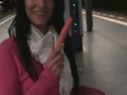 Cute Brunette Amateurs Using Toys On The Train