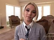 Blonde Schoolgirl Is Kneeling In Front Of Her Rich Lover And Sucking His Huge Dick