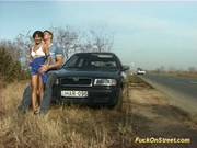 Slim Woman And A Young Guy Who Gave Her A Ride Are Having Sex By The Road