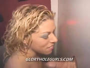 Curly Haired Blonde Sucks In Gloryhole And Swallows Cum Loads