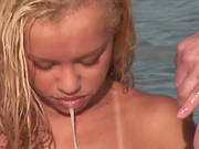 Blonde Beauty Gets Cum In Her Mouth In This Hot Threesome On The Beach