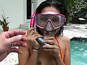 Playful Brunette Babe With Small Tits Is Bathing In The Pool
