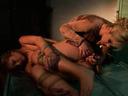 Peppering Lesbian Gets Her Pussy Nailed With Dildo As She Lies On The Floor Bandaged