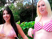 Two Delicious Babes Play Poker Totally Naked By The Pool