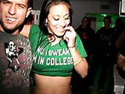 Bosomy Brunette Student Gives A Skillful Blowjob In Front Of Aroused Fuckers