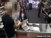 Brunette Tries To Sell Some Cards To The Pawn Shop