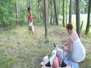 Young Teen Joins Mature Couple In The Woods