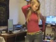 Cute Blonde Teen Strips And Teases In Fro 