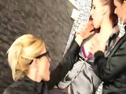 Classy Clothed Lesbian Sucks And Fucks Plastic Cocks