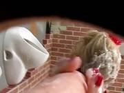 Kinky Blonde In Red Outfit Gets Covered With Jizz From Glory Hole Dick