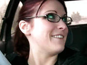 Four Eyed Red Haired Girlfriend Plays With Her Pussy In The Car