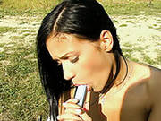 Pretty Hot Brunette Teen Uses A Dildo And Masturbates In The Field With Delight