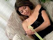 Asian Slut Lola Strips And Teases Clit With Veggies