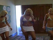 Three Lesbian Girls Use A Double Dong And A Strap-on