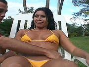 Busty Brunette Sucks Cock Outdoor