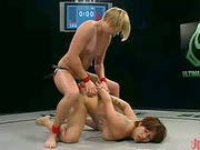 Blonde And Asian Chick Fighting Wrestle Combat For Strapon Sex
