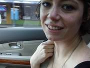 American Brunette Slut Gives Blowjob To Her Bf In A Car.
