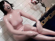 Bathing Latex Weird Wanker Jams Her Tits And Masturbates In Water