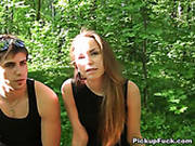 Sex-starved Girl Blows Two Cocks In The Woods