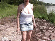 Chunky Hoe Shione With Huge Natural Tits Fingers Her Snatch In The Open Air