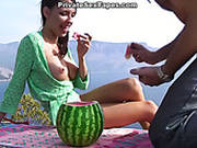 Charming Brunette Hottie Switches From Eating Watermelon To Riding A Dick